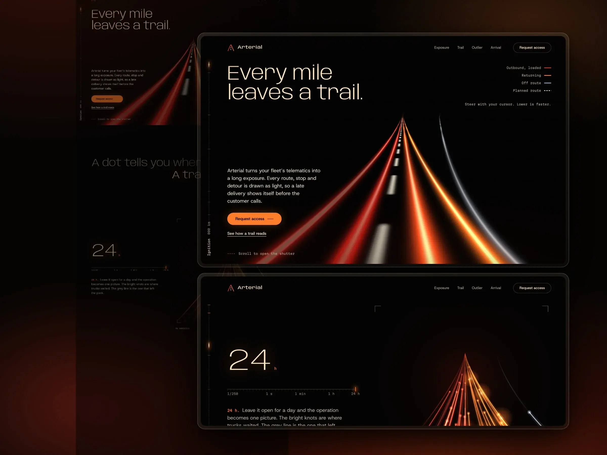 Arterial’s hero, “Every mile leaves a trail”, over a WebGL road of long-exposure light trails.