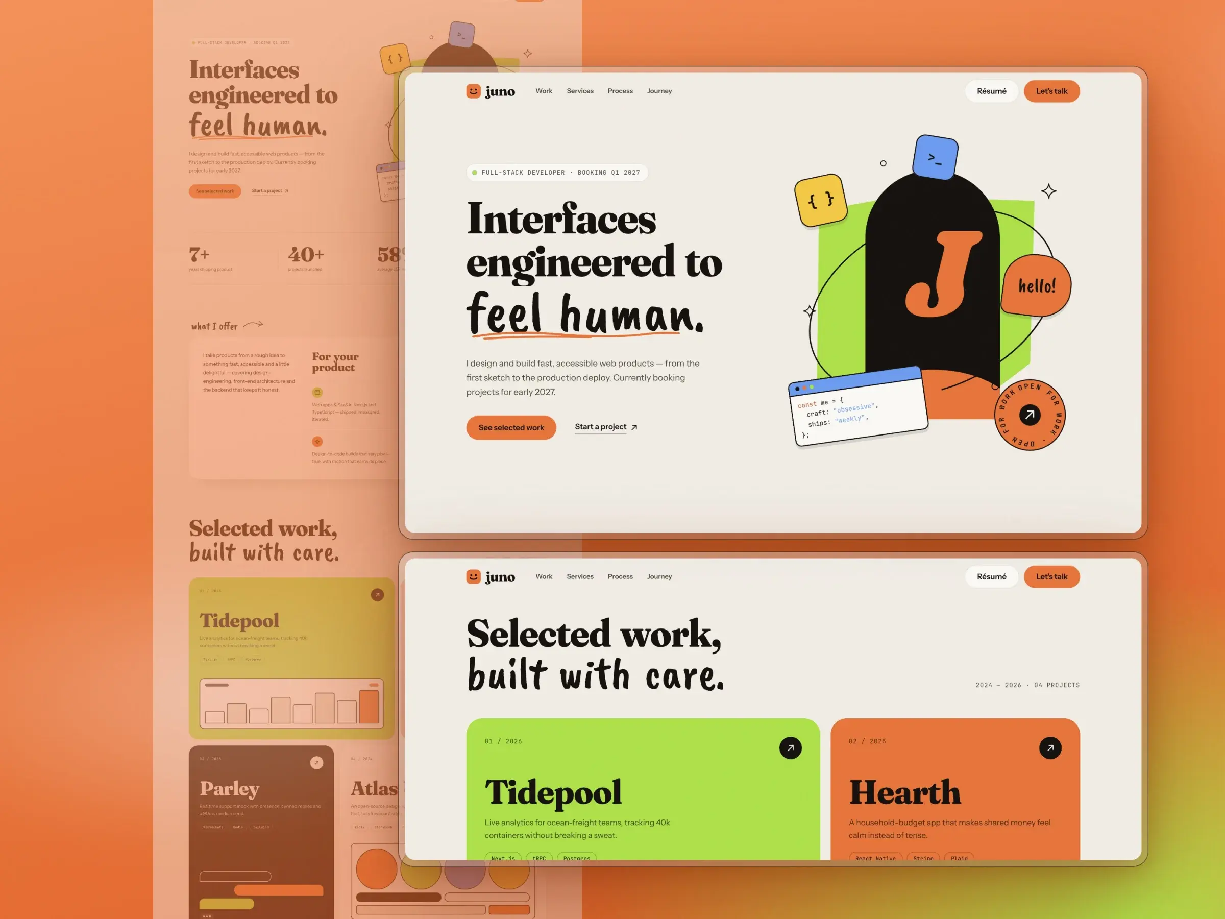 Juno’s hero, “Interfaces engineered to feel human”, beside a floating scene of stickers, a code window and a “hello!” bubble.