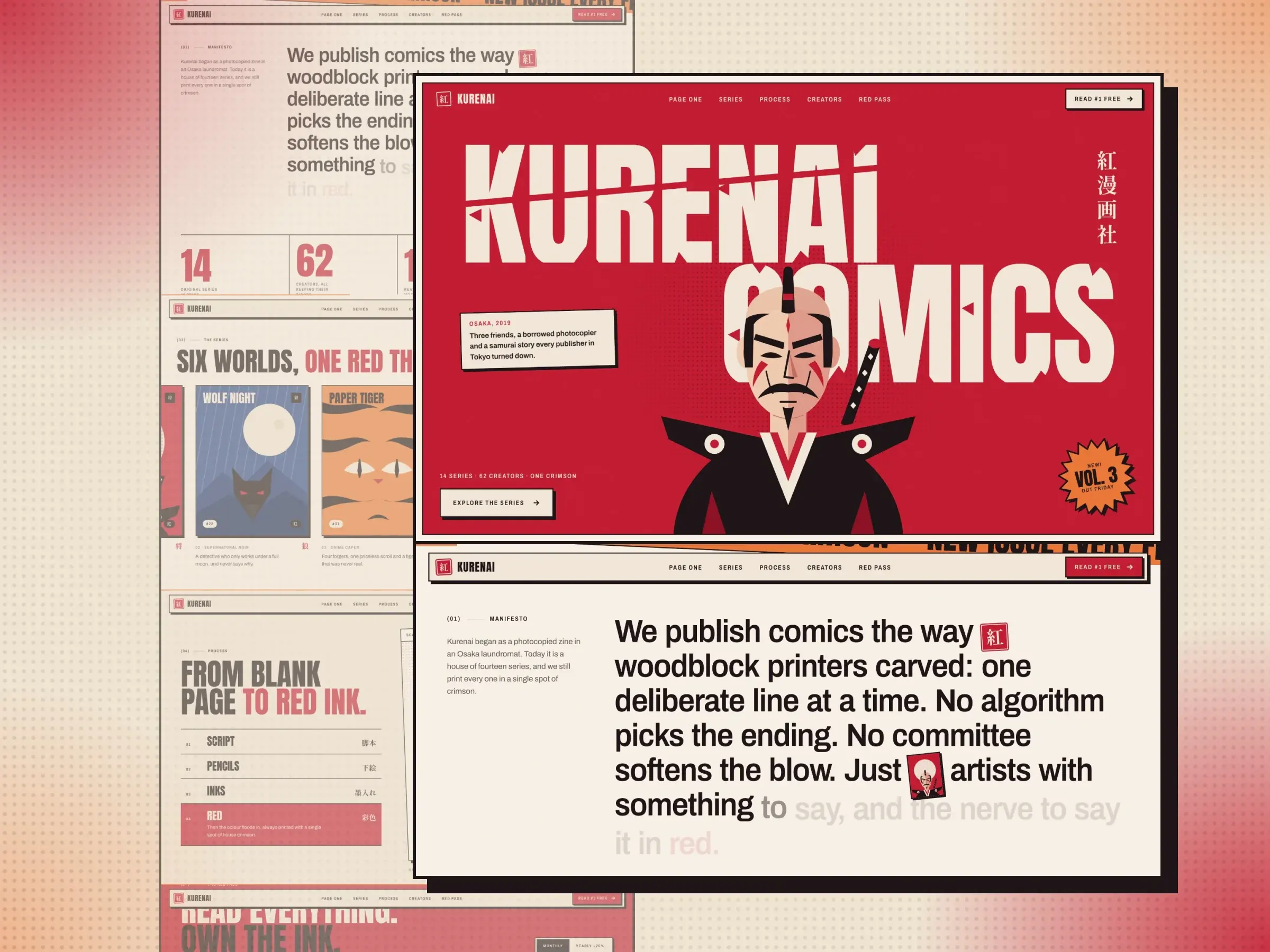 Kurenai’s crimson hero: a giant chipped KURENAI COMICS masthead over a samurai drawn in flat shapes, above its manifesto.