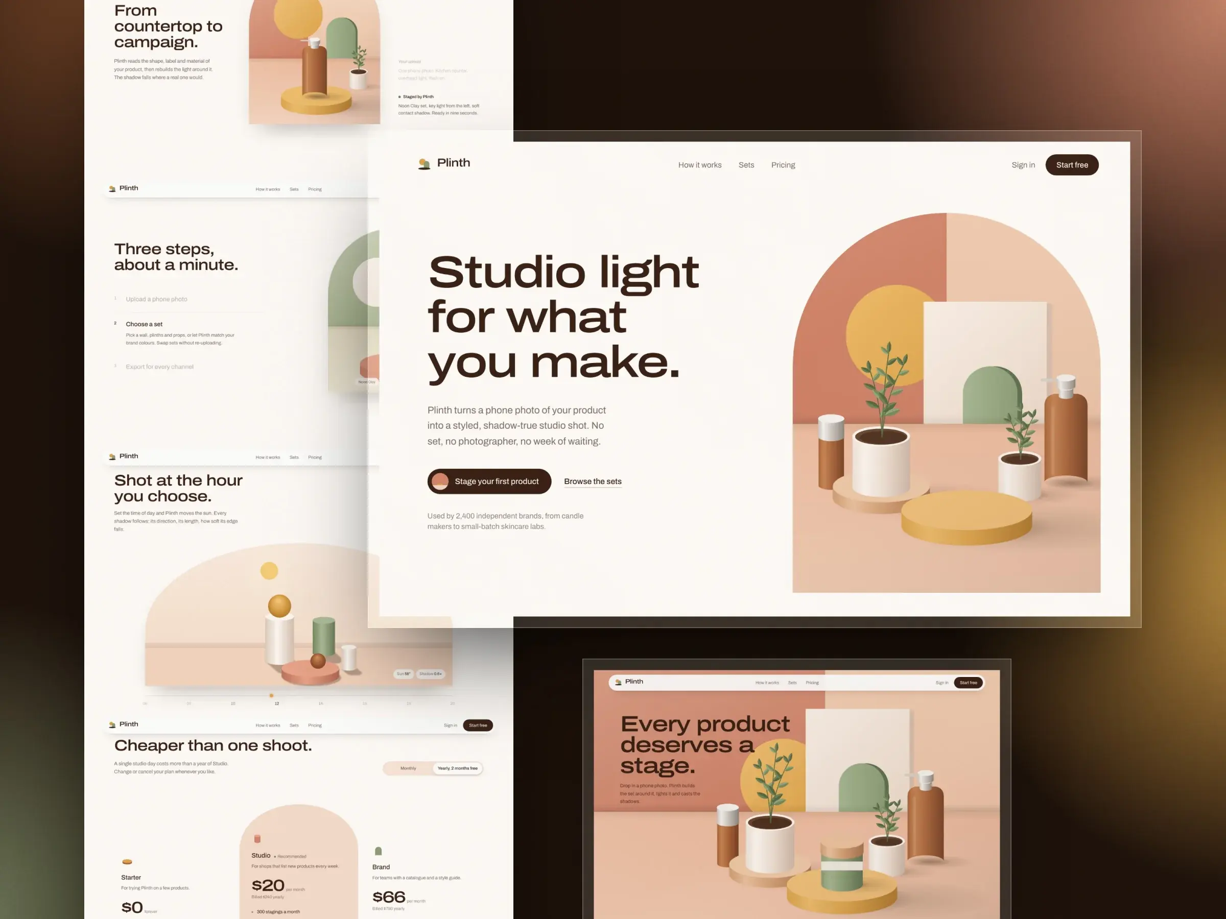 Plinth’s hero, “Studio light for what you make”, beside an arched studio set with a bottle and potted plants on round plinths.