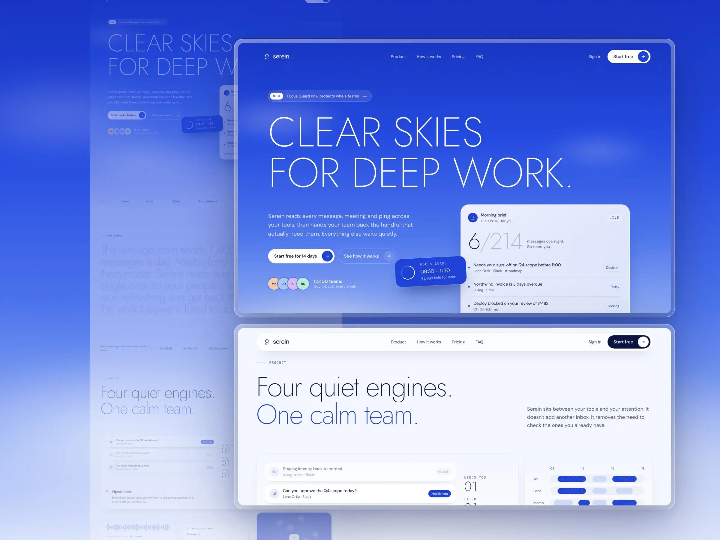 Serein’s cobalt sky hero, “Clear skies for deep work”, with a floating morning-brief card.