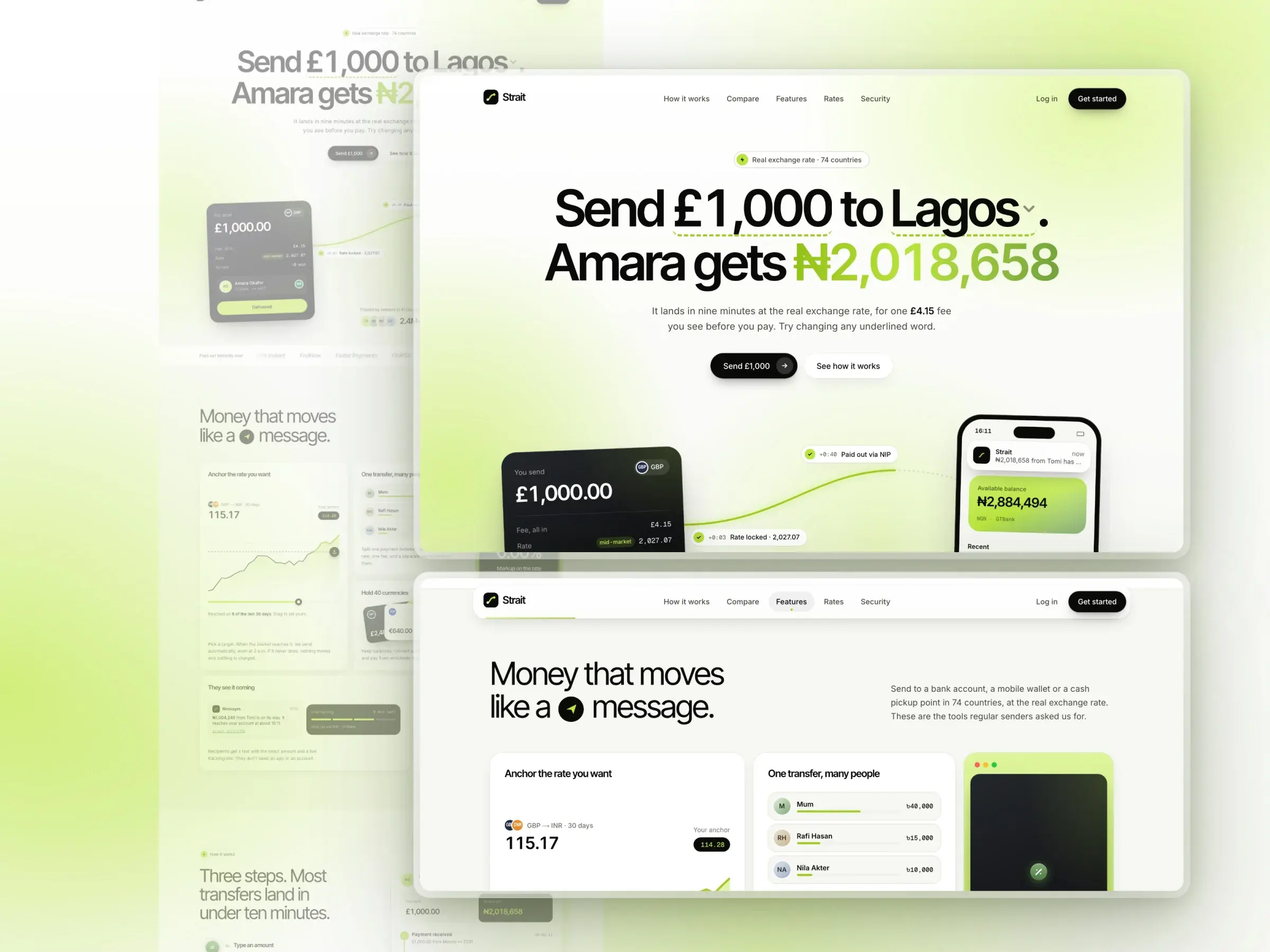 Strait’s hero, “Send £1,000 to Lagos. Amara gets ₦2,018,658.”, above a send card and the recipient’s phone.