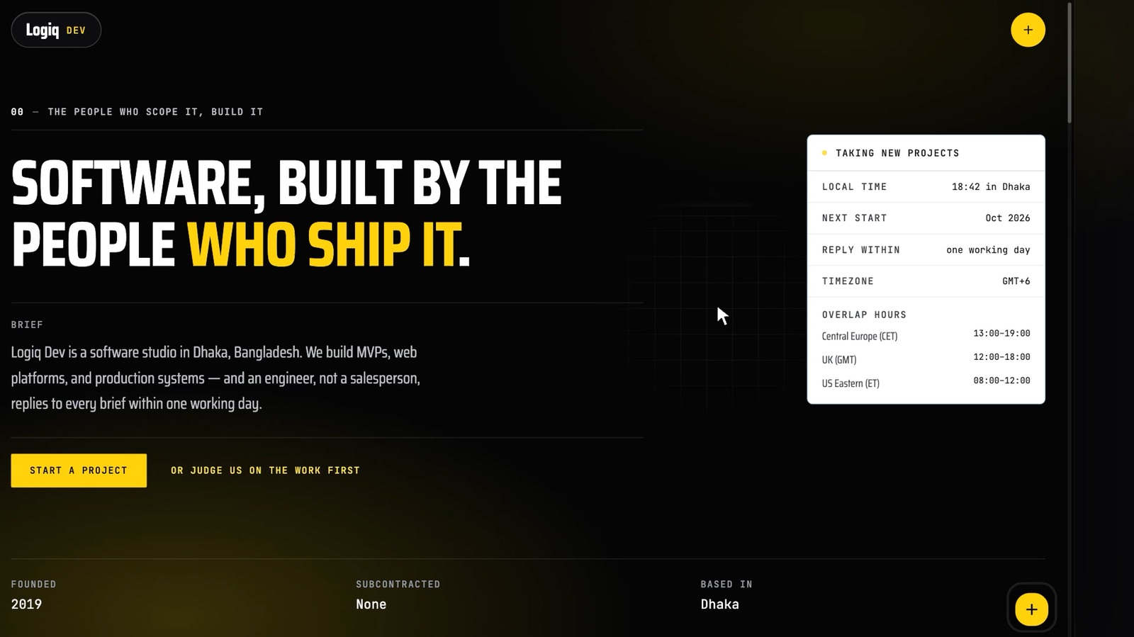 The Logiq Dev studio site: a dark hero reading “Software, built by the people who ship it” beside a live availability card showing local time in Dhaka, next start date and overlap hours.