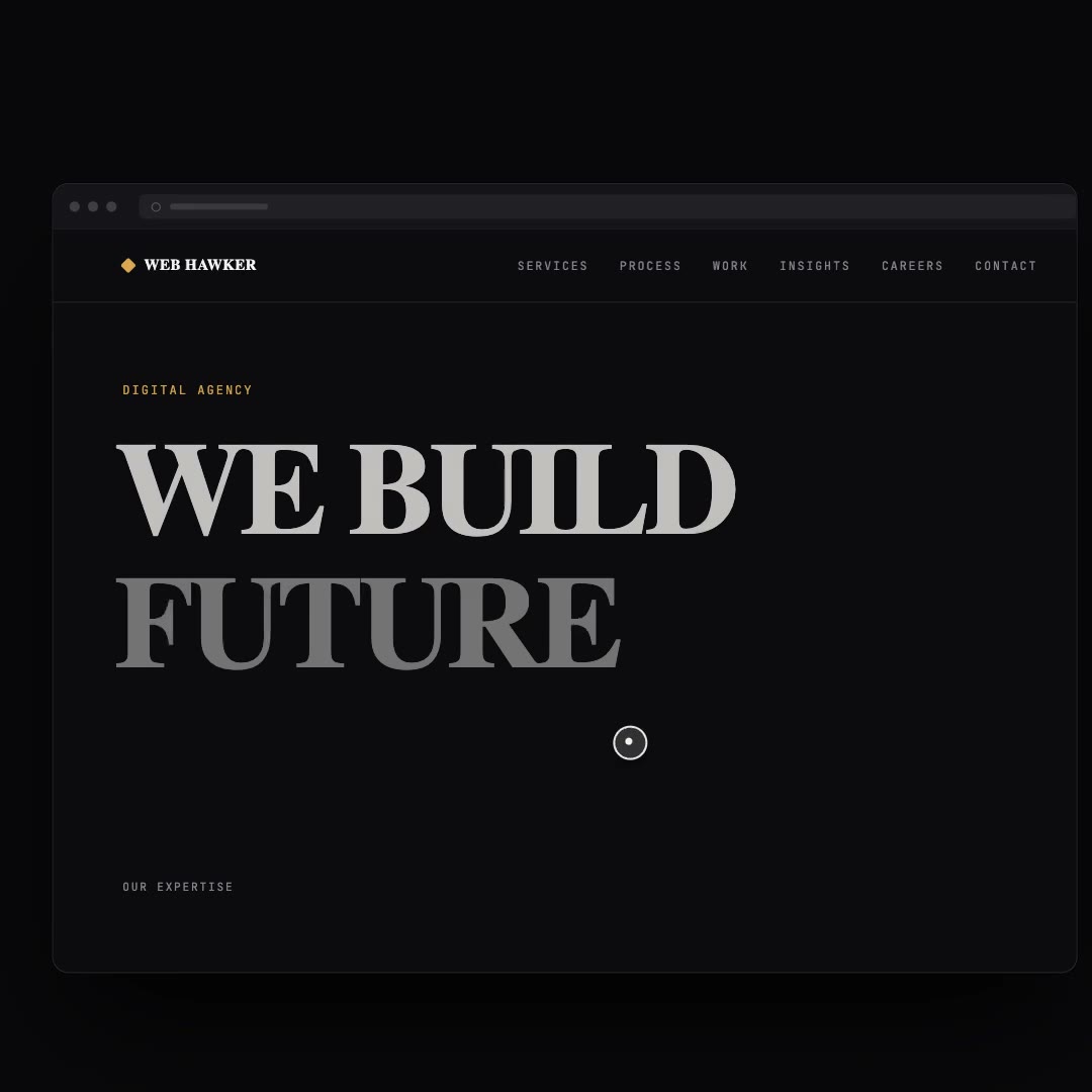 The Web Hawker agency site playing through its wordmark, its expertise list and its work index.